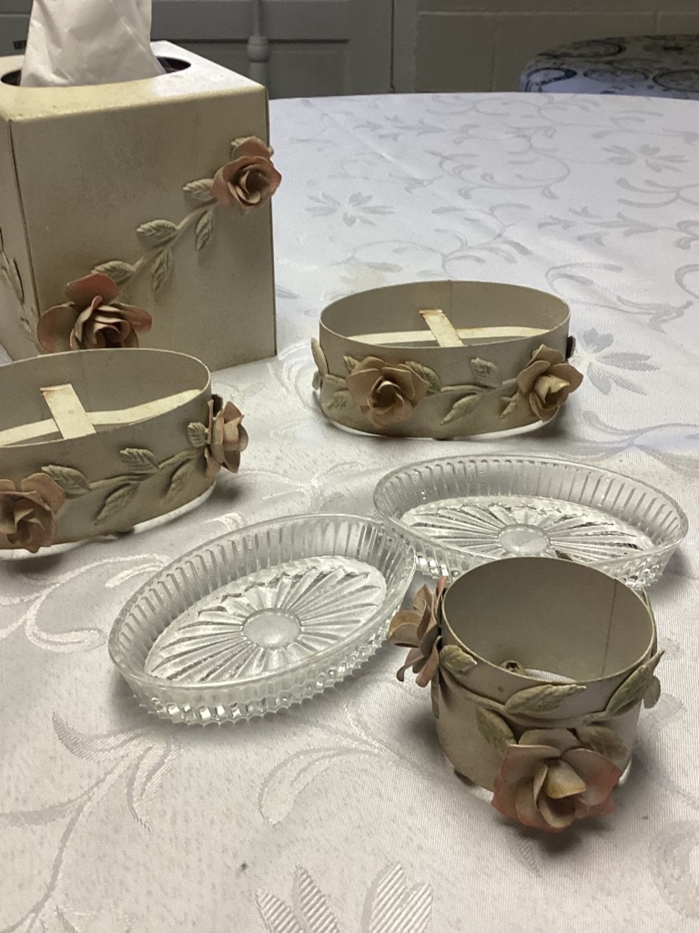 5 piece VINTAGE SOAP DISHES. TISSUE HOLDER N TOWEL RING 1950 s